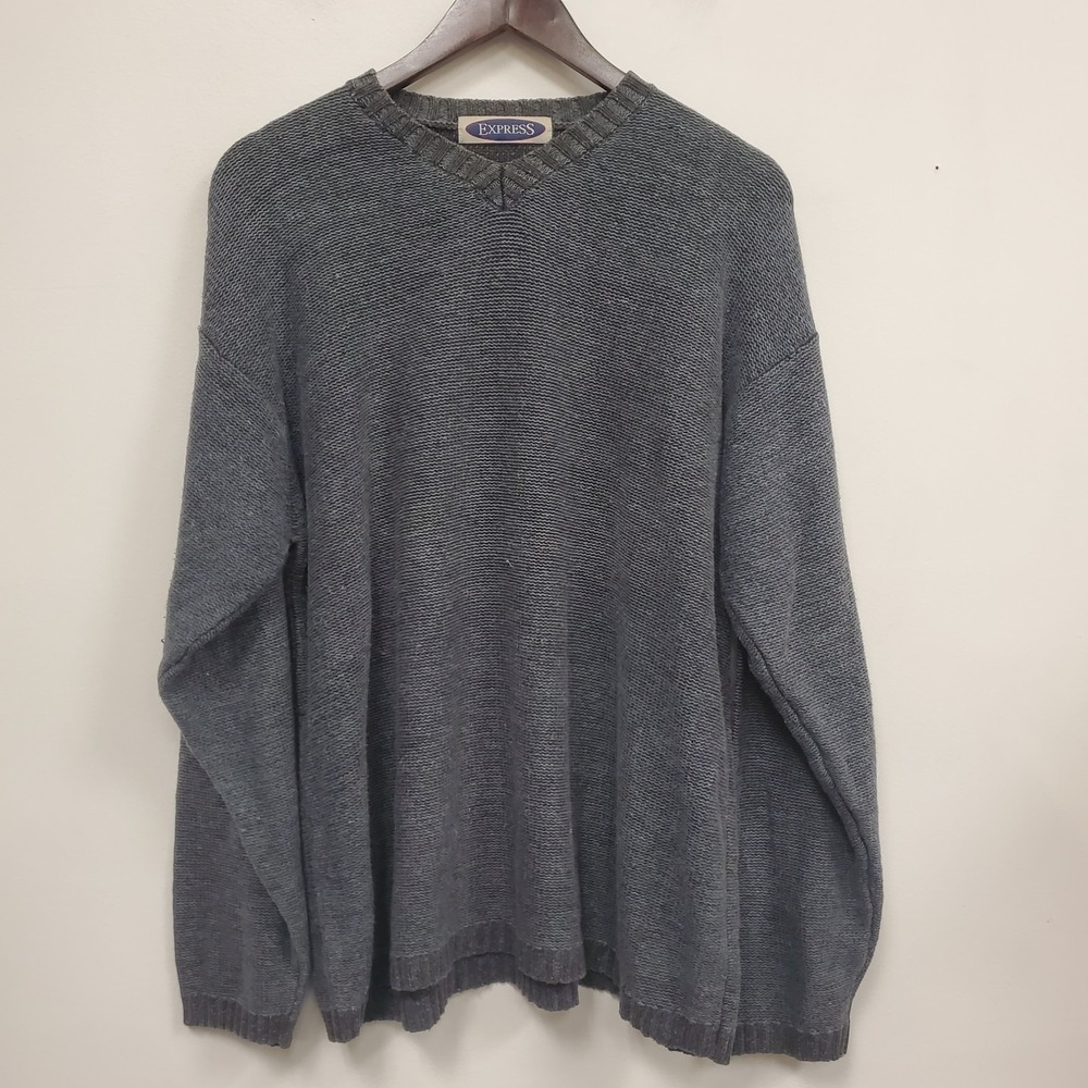 Vintage Express Mens Thick Knit V Nece Ribbed Trim Sweater Size L Heathered Blue